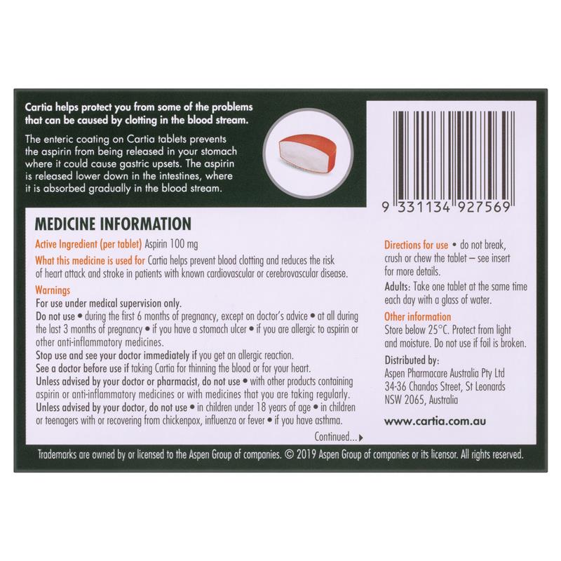 Cartia Tablets 100mg 84