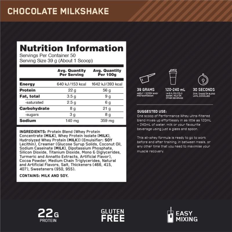 Optimal Nutrition Performance Whey Chocolate Milkshake 1.95kg