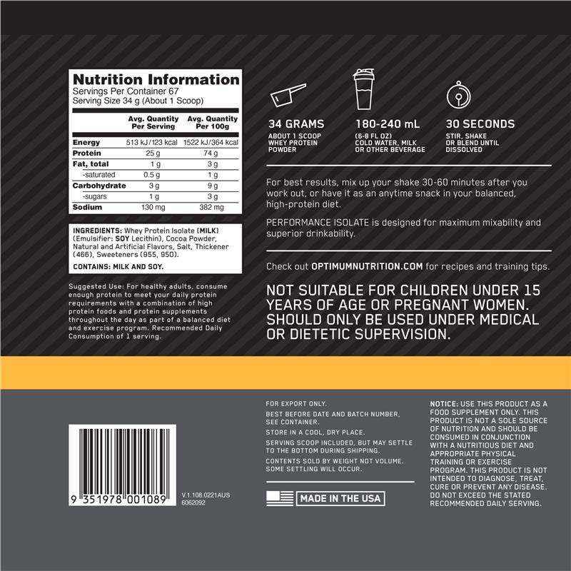 Optimal Nutrition Performance Isolate Chocolate Milkshake 2.28kg