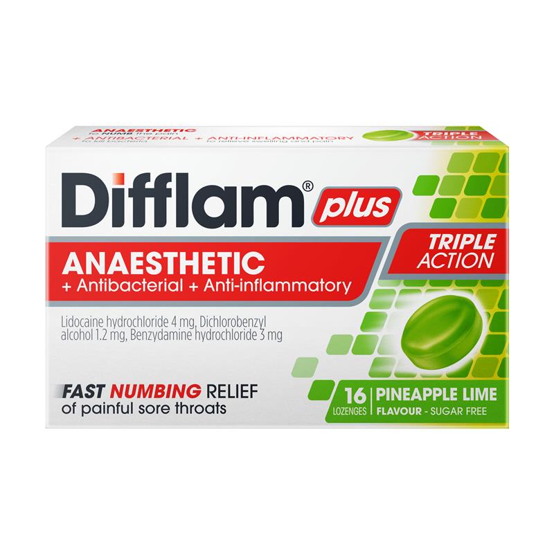 Difflam Plus Anaesthetic Pineapple Lime Sore Throat 16 Lozenges