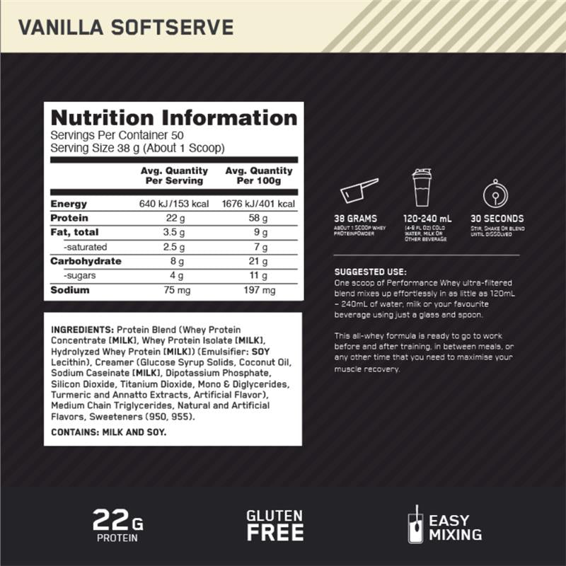 Optimal Nutrition Performance Whey Vanilla Softserve 1.9kg