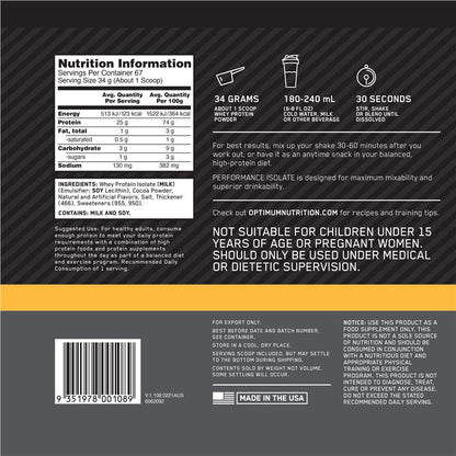 Optimal Nutrition Performance Isolate Chocolate Milkshake 2.28kg